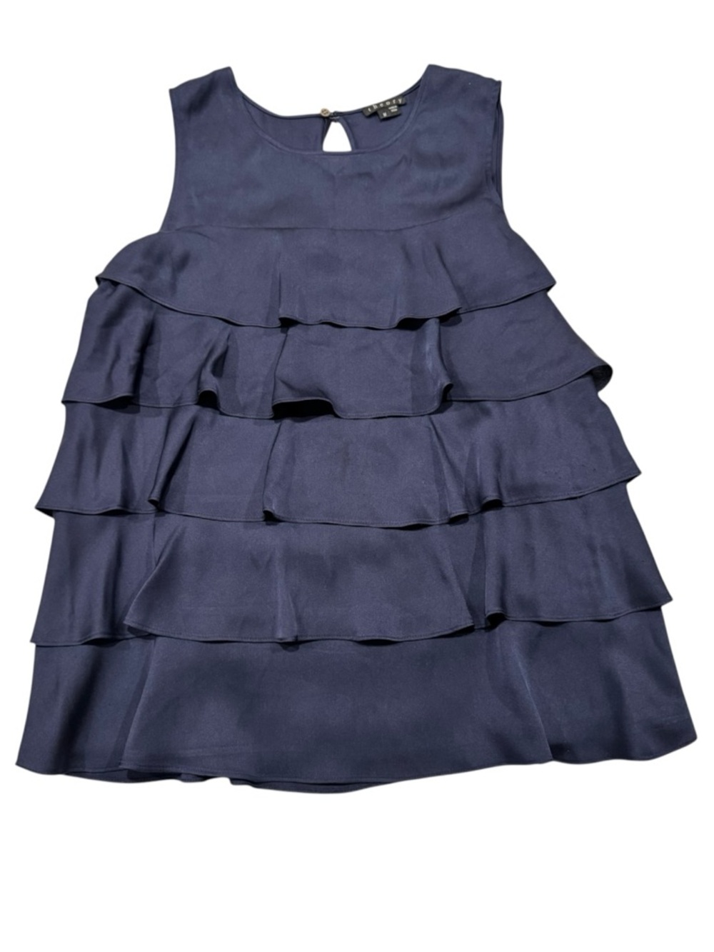 Theory 100% Silk Ruffle Blouse Navy Blue Sleeveless Size Medium